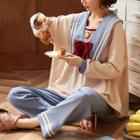 Loungewear Set : Long-sleeve Peter Pan Collar Bow Star Print Top + Pants