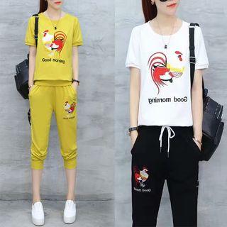 Set: Chicken Embroidered Short Sleeve T-shirt + Cropped Jogger Pants