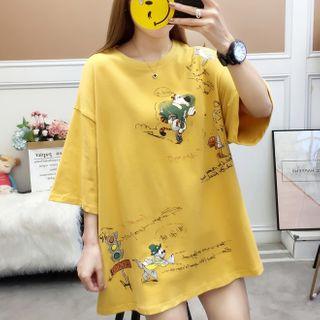 Elbow-sleeve Dog Print Tunic T-shirt