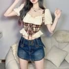 Mock Two-piece Short-sleeve Plaid Lace-up Crop Top