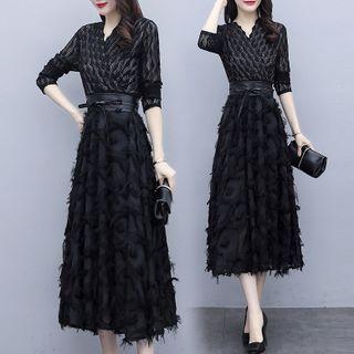 Elbow-sleeve Fluffy Midi Dress