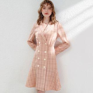 Double Breasted Plaid Long-sleeve A-line Dress