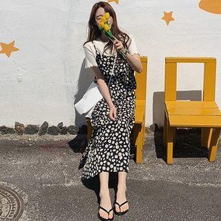 Short-sleeve Crew Neck T-shirt / Spaghetti-strap Floral Midi Dress