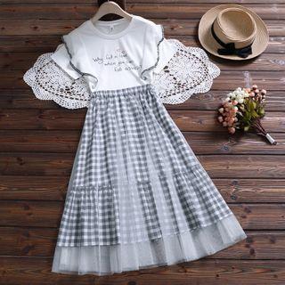 Set: Short-sleeve Lettering Frill Trim T-shirt + Plaid Mesh A-line Skirt