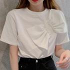 Short-sleeve Beaded Bow-accent Plain Top White - One Size