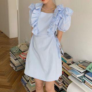 Short-sleeve Square-neck Ruffled Drawstring Mini Sheath Dress