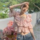 Puff-sleeve Square Neck Floral Blouse Floral - Pink - One Size
