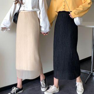Medium Long Mesh Double-layered Accordion Pleat Knit A-line Skirt