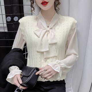 Bell-sleeve Tie-neck Blouse / Knit Vest