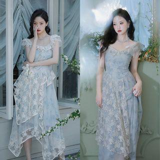 Cap-sleeve Floral Print Lace Trim Blouse / Midi A-line Skirt / Cap-sleeve A-line Dress / Set (various Designs)