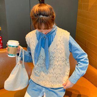 Bell-sleeve Denim Shirt/ Perforated Sweater Vest