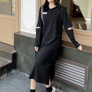 Long-sleeve Elbow-cutout Midi Shift Dress