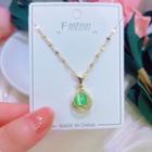 Faux Cat Eye Stone Pendant Stainless Steel Necklace Green - One Size
