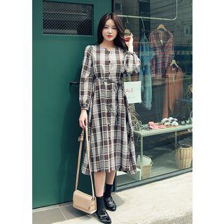 Long-sleeve Tie-waist Buttoned Plaid Long Dress