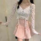 Long-sleeve Strawberry Print Drawstring T-shirt / Mini A-line Skirt