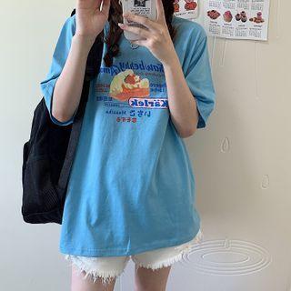 Elbow-sleeve Lettering Print T-shirt Sky Blue - One Size