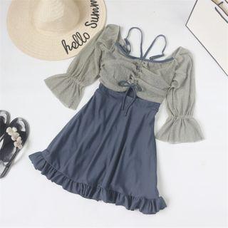Long-sleeve Panel Ruffle Trim Swimdress