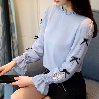 Long-sleeve Frill Trim Ribbon Chiffon Blouse