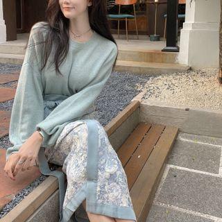 Long-sleeve Round Neck Plain Sweater / Flower Print Skirt (various Designs)