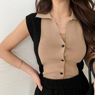 Sleeveless Two-tone Knit Shirt