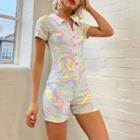 Short-sleeve Collar Marble Print Romper