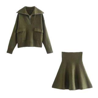 Set: Collared Half-zip Sweater + A-line Skirt
