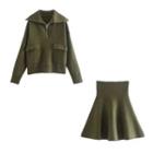 Set: Collared Half-zip Sweater + A-line Skirt