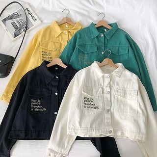 Lettering Embroidered Single-breasted Long-sleeve Denim Jacket