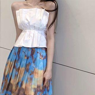 Pleated Strapless Top / Midi A-line Skirt