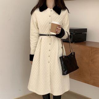 Contrast Collar Faux Pearl Quilted Coatdress