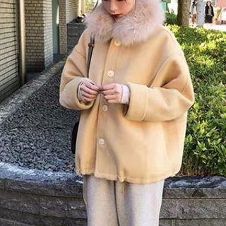 Fluffy Button Coat / Cropped Harem Pants / Set