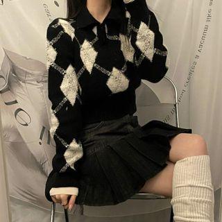 Argyle Cropped Polo Sweater Black - One Size