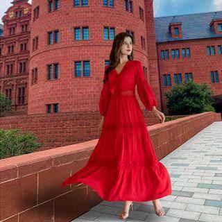 Long-sleeve V-neck Tassel Maxi A-line Dress