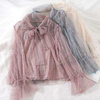 Set: Bow Accent Mesh Long-sleeve Top + Camisole Top