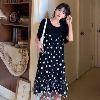Floral Mesh Panel Short-sleeve Midi A-line Dress