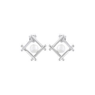 Sterling Silver Fashion Simple Geometric Diamond Freshwater Pearl Stud Earrings Silver - One Size