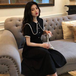 Faux Pearl Collar Midi A-line Dress Black - One Size