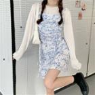 Long-sleeve Cropped T-shirt / Spaghetti Strap Ruched Mini A-line Dress
