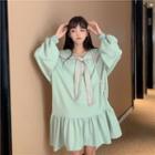 Contrast-trim Sailor-collar Puff-sleeve A-line Dress