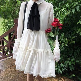 Lace Trim Long-sleeve A-line Dress As Shown In Figure - One Size