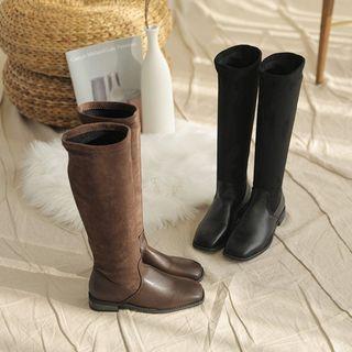 Square-toe Faux Suede-panel Tall Boots