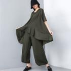 Set: Elbow-sleeve Long Top + Wide-leg Pants
