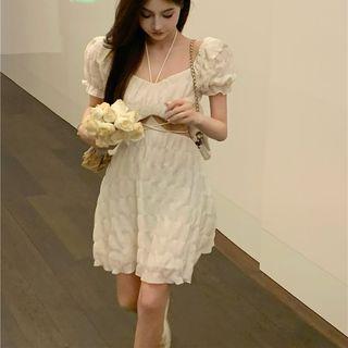Set: Puff-sleeve Cutout Crop Blouse + A-line Skirt