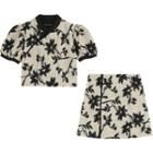 Set: Mandarin Collar Cropped Blouse + Mini A-line Skirt
