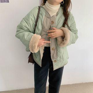 Reversible Fleece-lined Quilted Button Jacket Pea Green - One Size