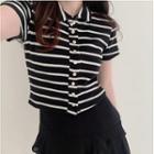 Short-sleeve Collared Striped Button-up Knit Top Black - One Size
