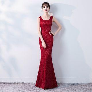 Sleeveless Sequined Lace Evening Gown