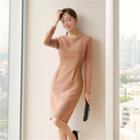 Round-neck Pintuck-waist Sheath Dress