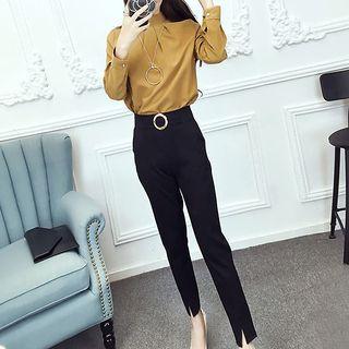 Set: Mock Neck Long-sleeve Blouse + Slit Hem Pants
