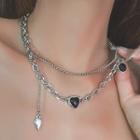 Heart Layered Necklace Black Love Heart Necklace - Silver - One Size